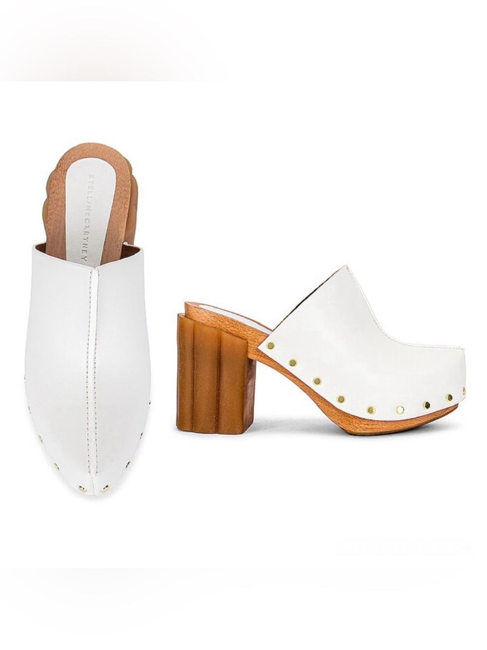 Stella McCartney White Studded Wooden Daisy Platform Clogs Mules Size 38